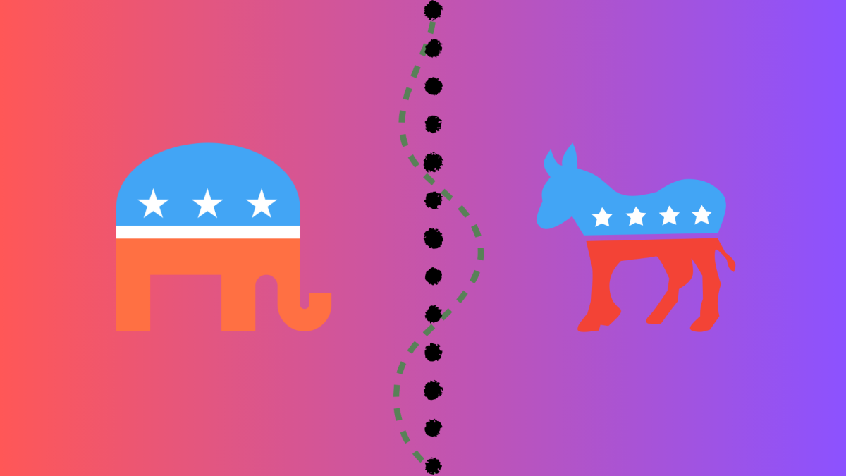 The opposing political parties; Republican and Democrat facing each other.

