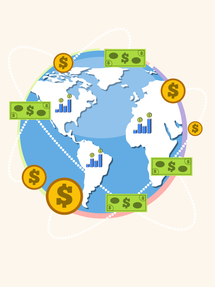 A graphic depicting world economic trade. 
Created via Canva
