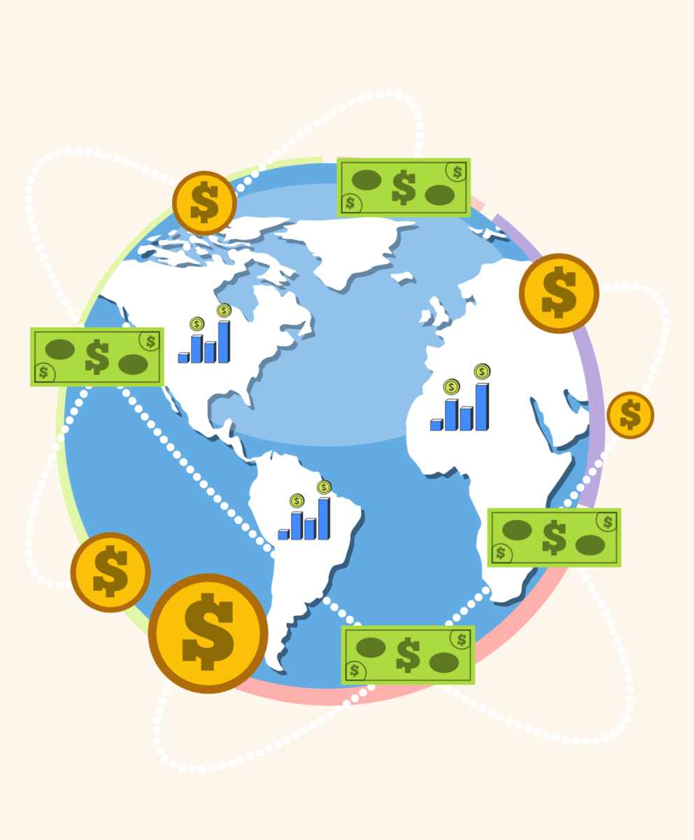 A graphic depicting world economic trade. 
Created via Canva
