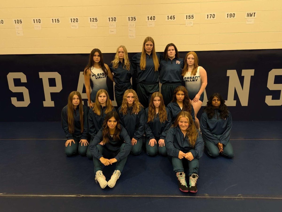 A group picture of Pleasant Valley Girls Wrestling. 
Photo Credit to: Reese Winslow 