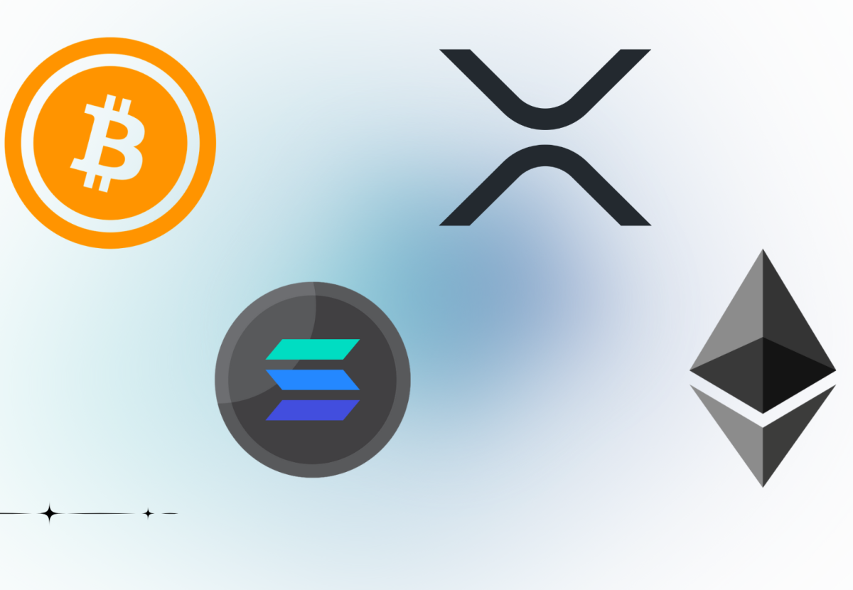 The image shows the logos of Bitcoin, Solana, XRP, and Ethereum, representing some of the most popular cryptocurrencies today.

