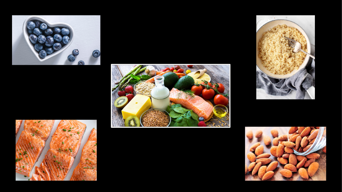 Some of the most healthy foods that a human being can eat. Salmon, Almonds, Blueberries, Quinoa and Vegetables.  

