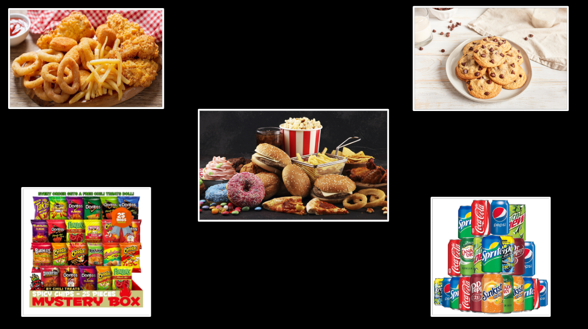 Some of the most unhealthy foods that a human being can eat. Chips, Soda, Fried Foods, processed meat and dessert.

