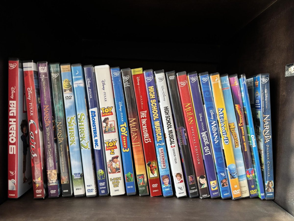 This is a shelf of children’s movies, including original and non-original productions from the 2000s and 2010s. 