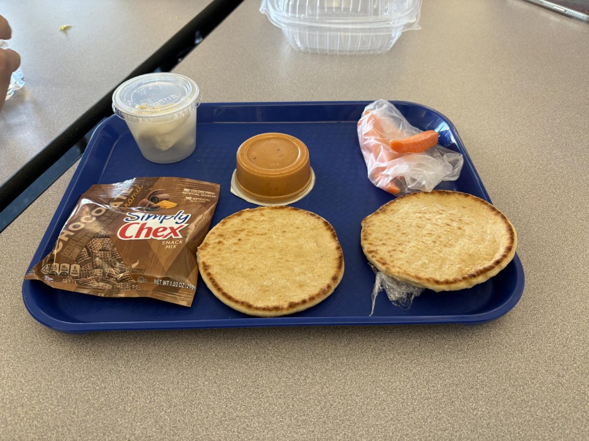 The “Hummus Grab N’ Go” meal, containing 2 slices of pita bread, hummus, carrot spears, chocolate chex, and mystery cheese.