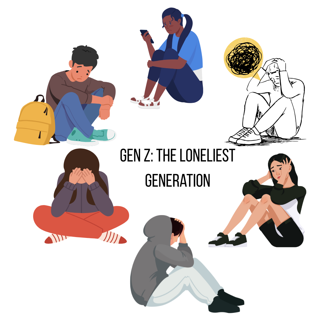 Graphic depicting teenagers who are feeling sad and alone. Gen Z is experiencing more loneliness than other generations due to their shared generational experiences of advanced technology, the Covid-19 pandemic and a changing social climate.