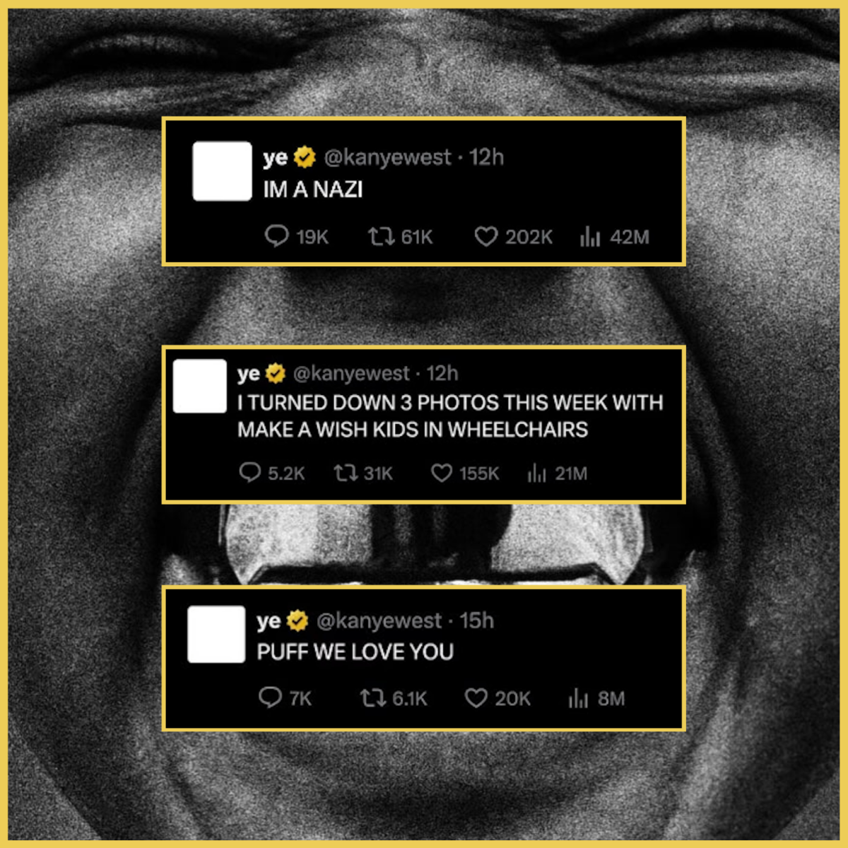 The image features three of the tweets Kanye West posted to X with the album cover for “Bully,” Kanye’s suspected new album, in the background. Fans previously excited about the release of Kanye West’s “Bully” now debate whether or not to continue supporting him as a result of his online outburst.