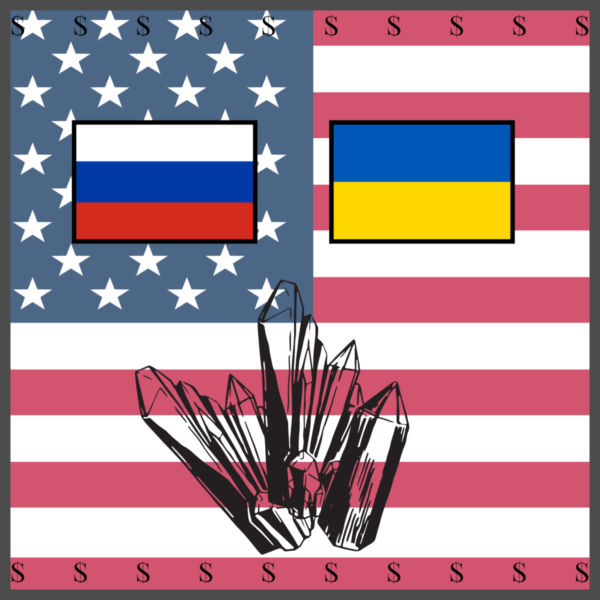 The image depicted represents the war between Ukraine and Russia, and how the United States is playing as the intermediary. Additionally, it capitalizes on the Rare Minerals Deal and how the United States is driven by goals of their own self-interest and greed.