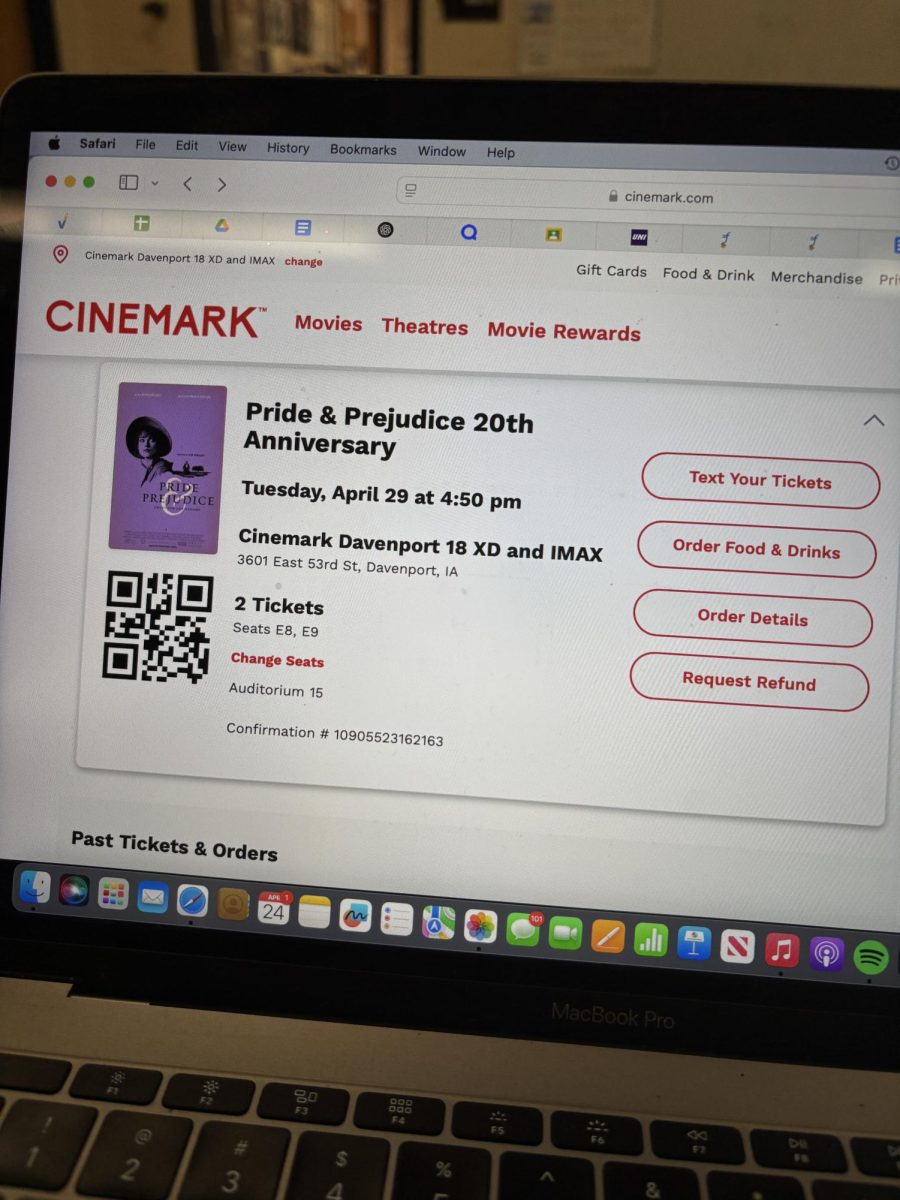 The receipt for two tickets to see the re-release of Pride & Prejudice (2005) starring Keira Knightley, Matthew Macfayden and Rosamund Pike. 