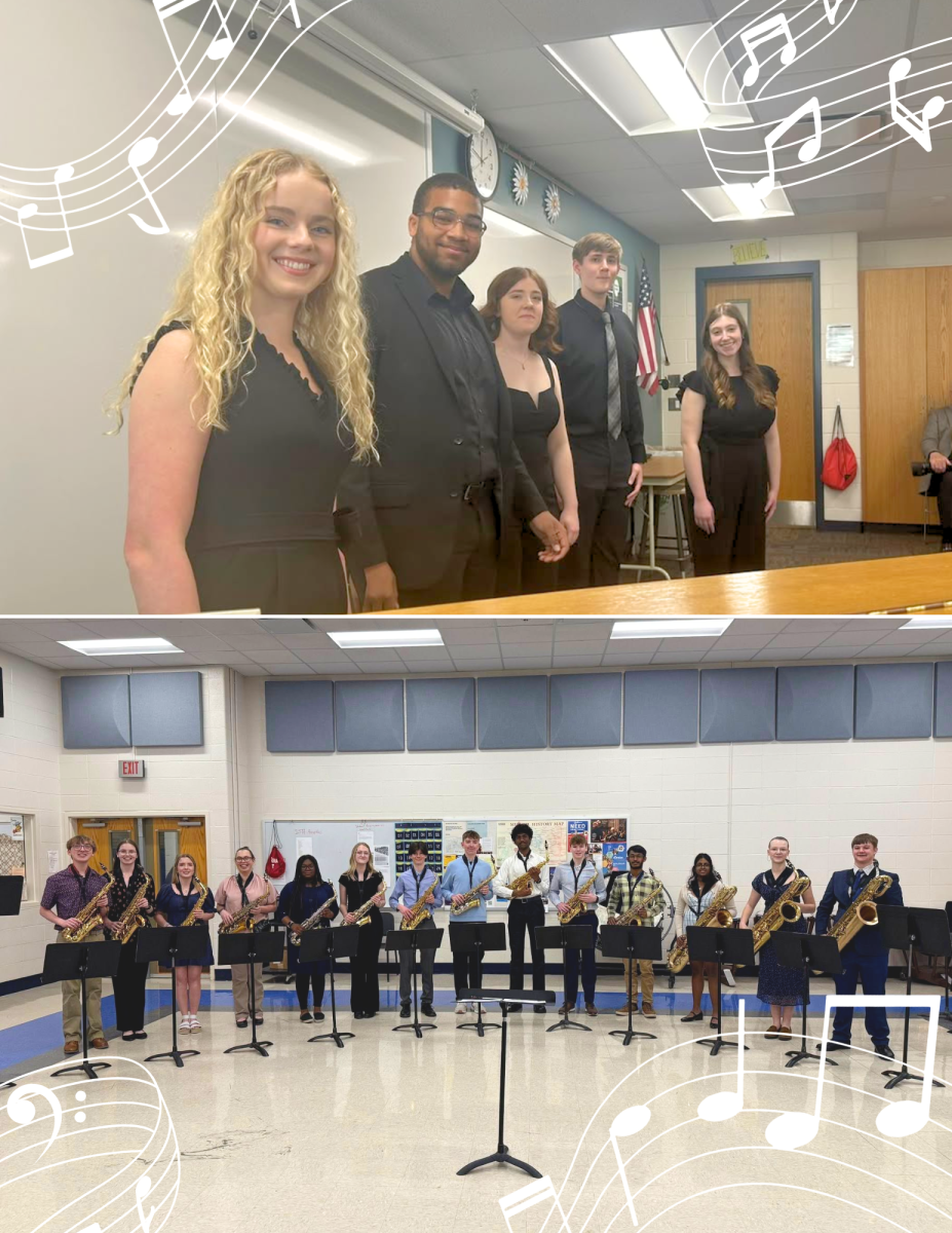 Students posed before their ensembles performed at the Solo & Ensemble Festival on Saturday April 12, 2025. Top: PV chamber choir quartet. Bottom: PV band saxophone choir.
Photo Credit: PV Choir and PV Band