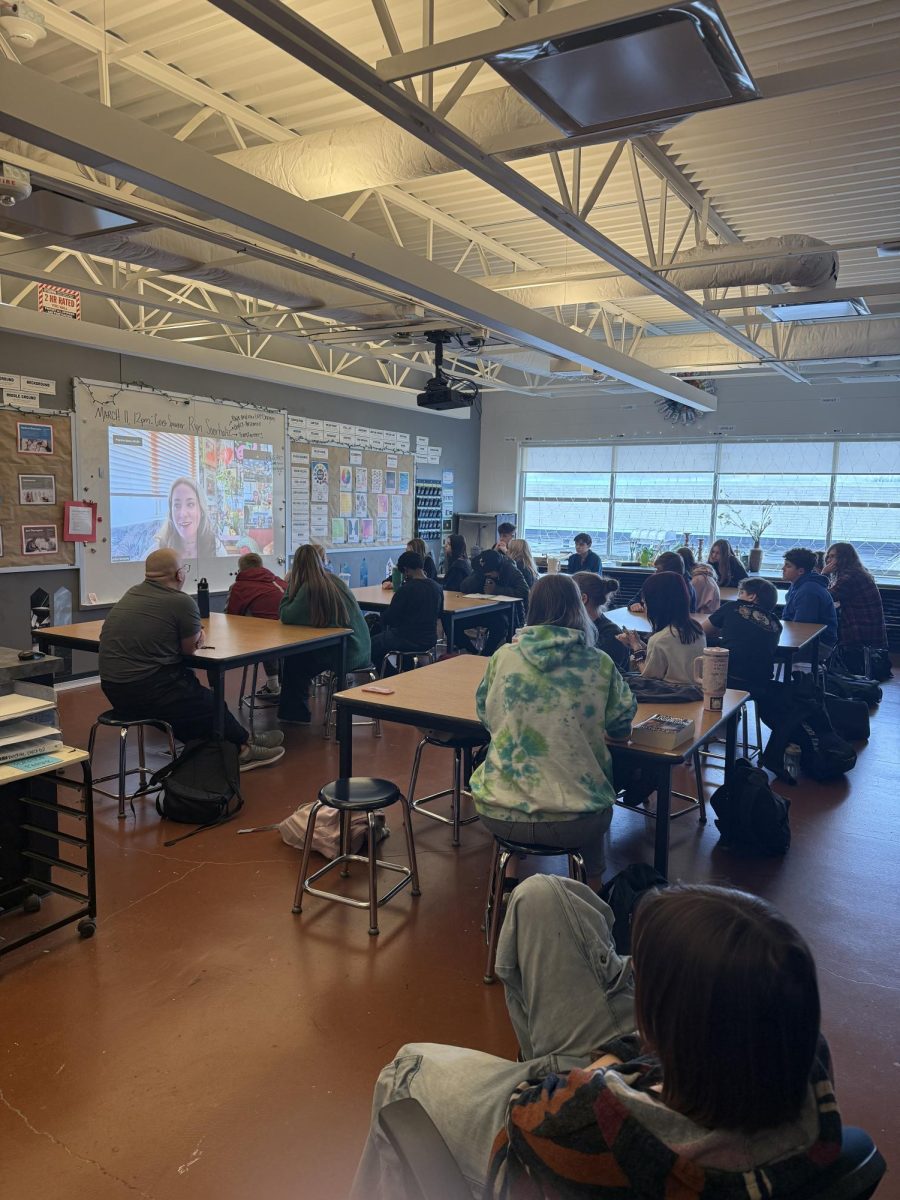 Guest speaker Ryn Soorholtz speaking to an art class at Pleasant Valley High School
